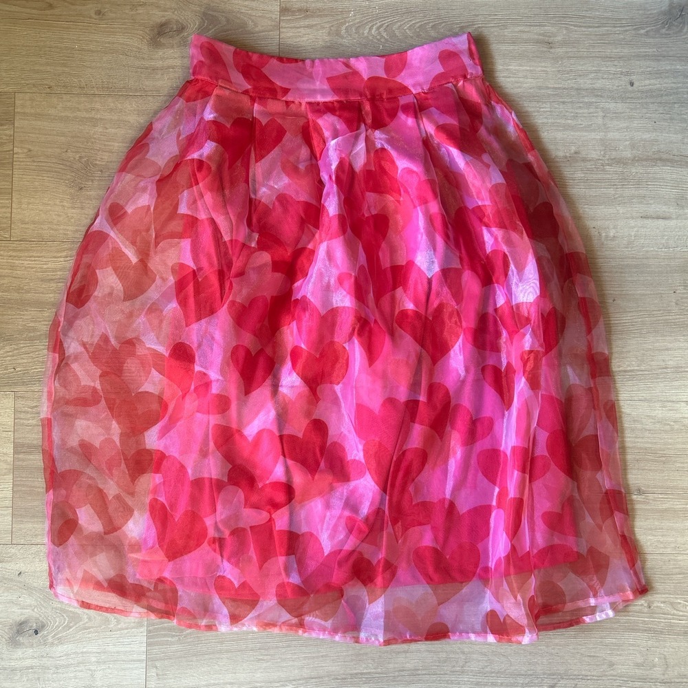 Her Destiny Pink Red‎ Heart Print Organza Midi Skirt
